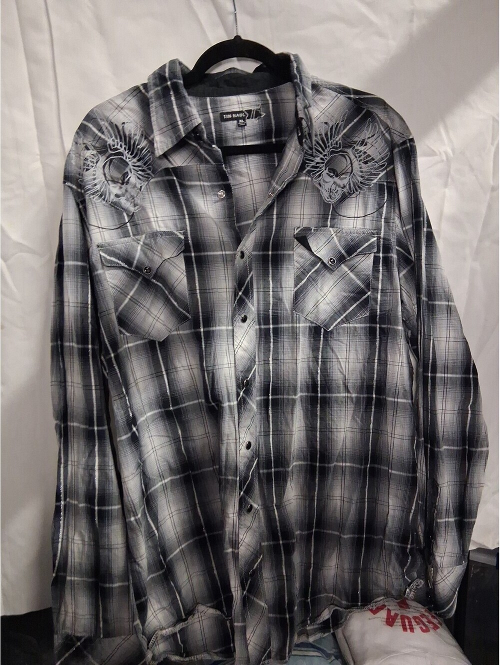 Tin Haul Shirt Men's XL Gray Black Plaid Pearl Snap Western Metallic Skulls G2